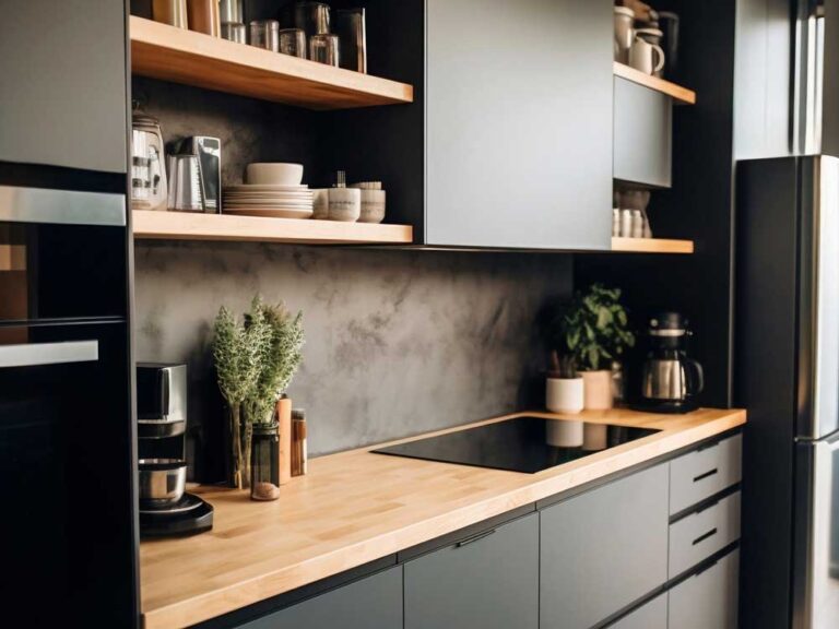 Temna kuhinja po meri z lesenim pultom