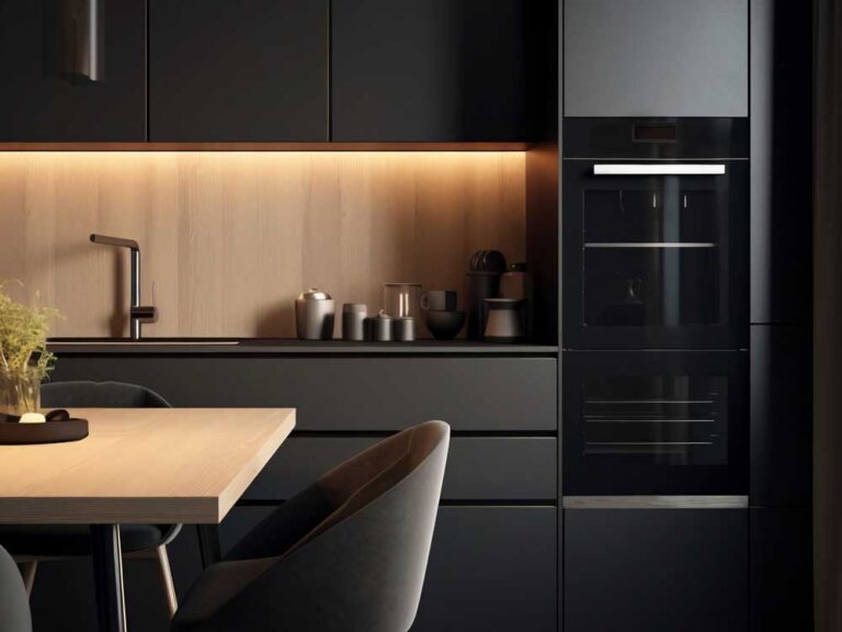 Detajl lesene črne kuhinje z lesenimi detajli