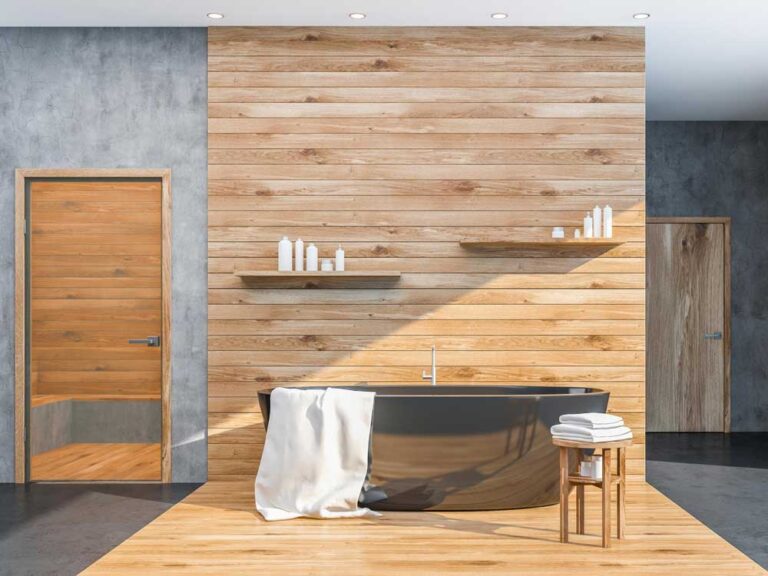 Kopalnica z lesenim podnom in modernim lesenim pohištvom