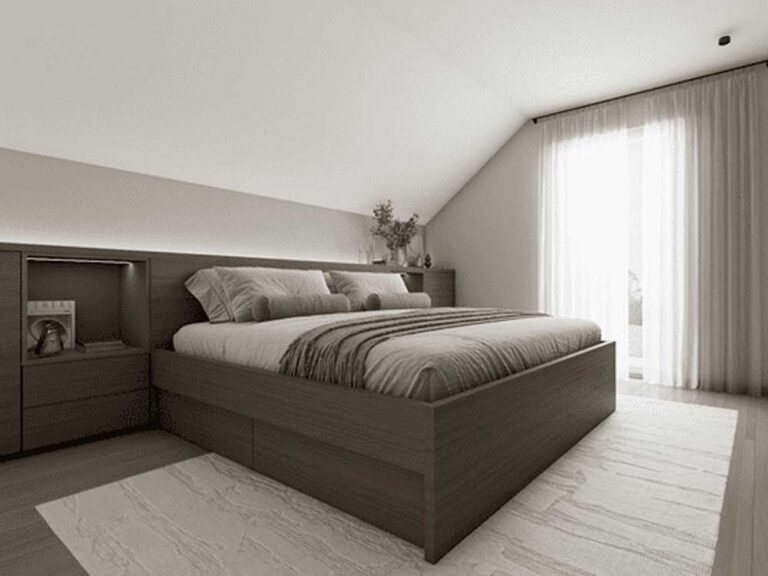 Spalnica z visokim lesenim okvirjem