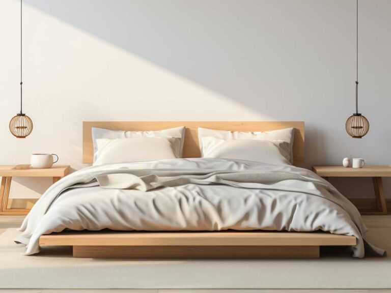 Spalnica z nizko posteljo, ki spominja na japonsko ležišče